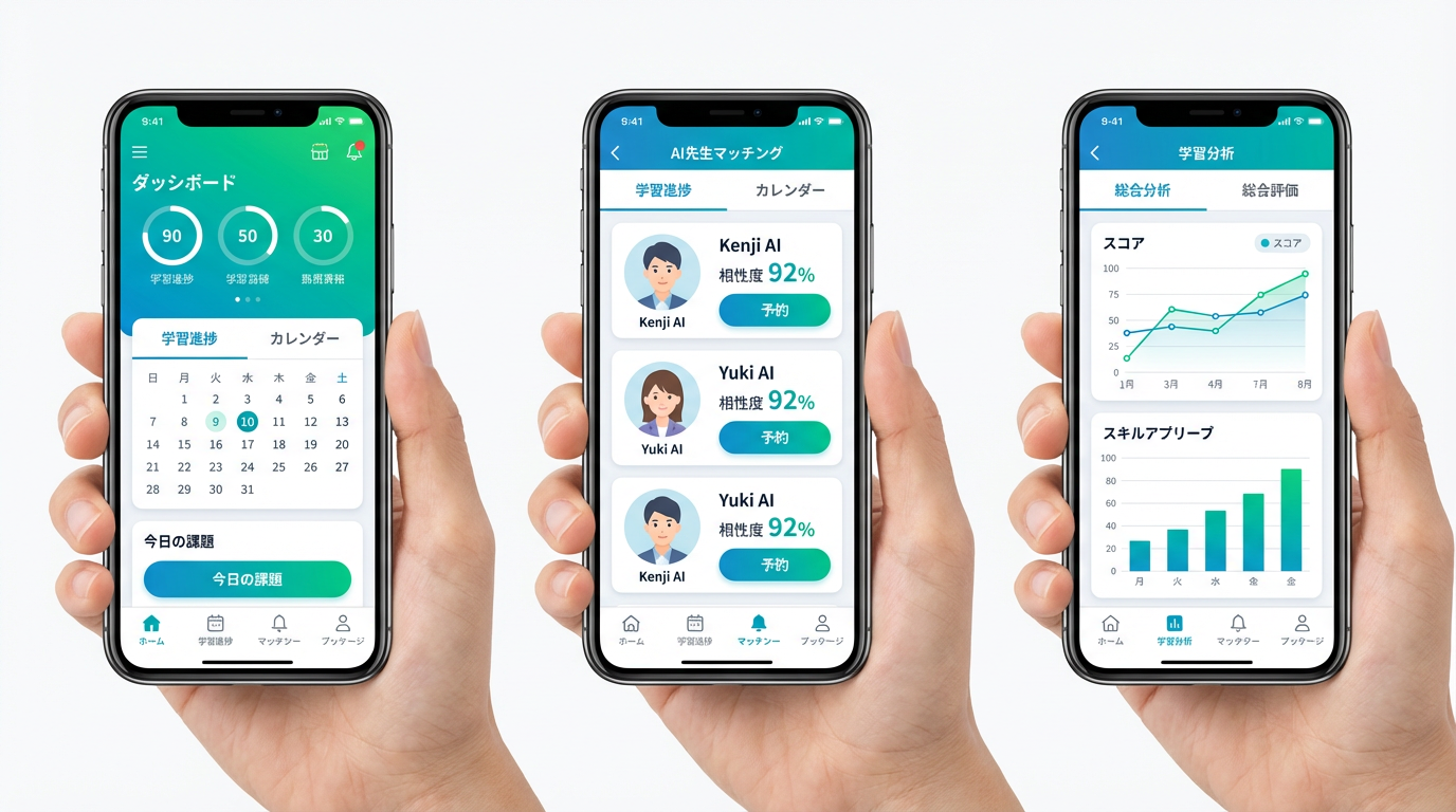 EMAアプリ画面 - ホーム画面・マッチング・学習分析
